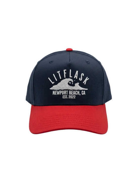 Navy and red cap with 'LITFLASK' branding on a white background