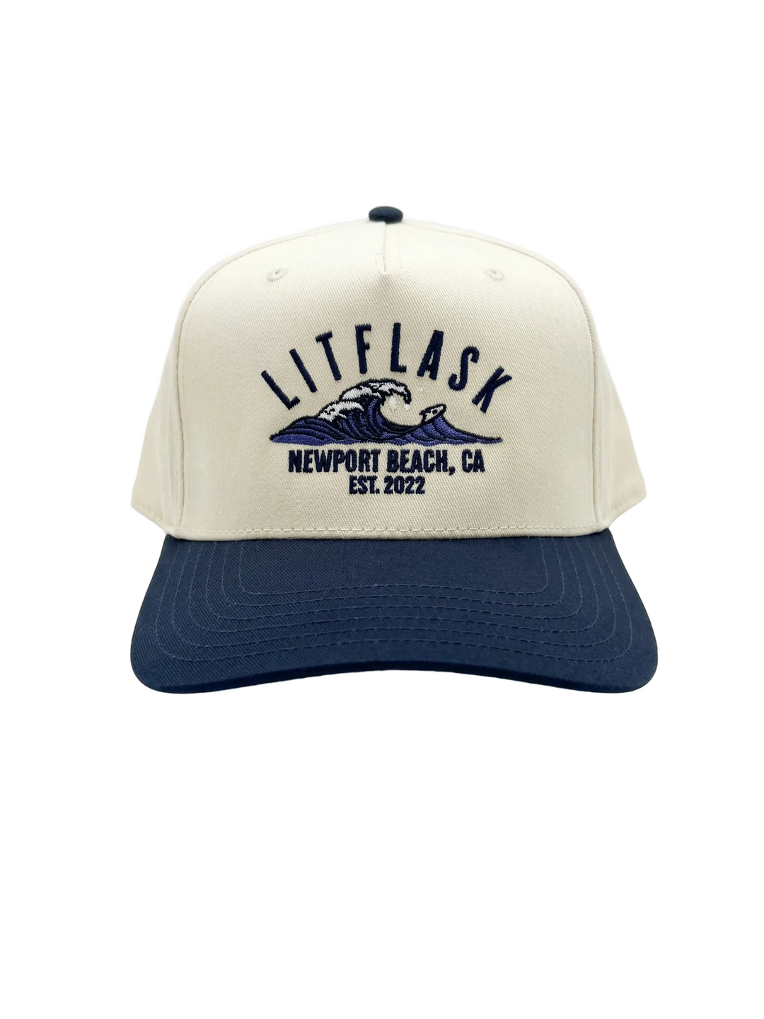 Beige and navy cap with 'LITFLASK' branding on a white background