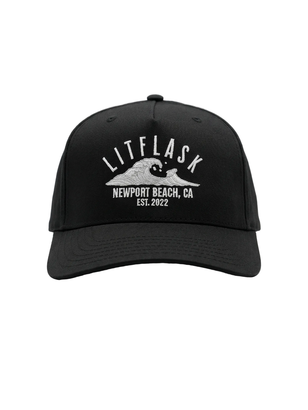 Black cap with white text and wave graphic on a white background