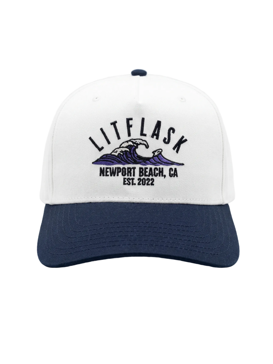 White and navy cap with 'LITFLASK' branding on a white background
